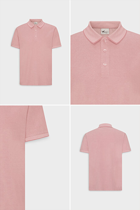 Slim Fit Dar Kesim Kıvrılmaz Polo Yaka Kısa Kollu Pembe Beyaz Tişört resmi