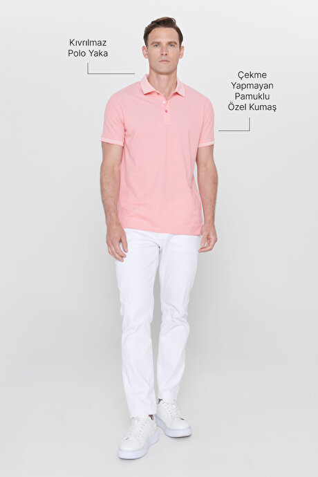 Slim Fit Dar Kesim Kıvrılmaz Polo Yaka Kısa Kollu Pembe Beyaz Tişört resmi