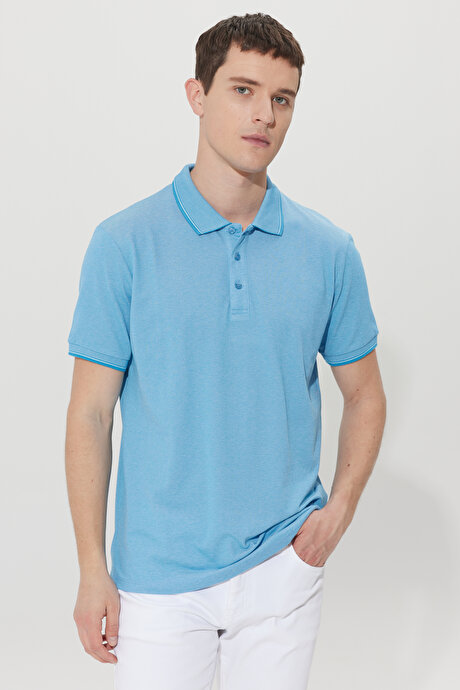Slim Fit Dar Kesim Kıvrılmaz Polo Yaka Kısa Kollu Saks-Beyaz Tişört resmi