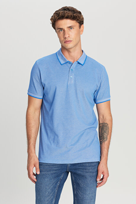 Slim Fit Dar Kesim Kıvrılmaz Polo Yaka Kısa Kollu Saks-Beyaz Tişört resmi