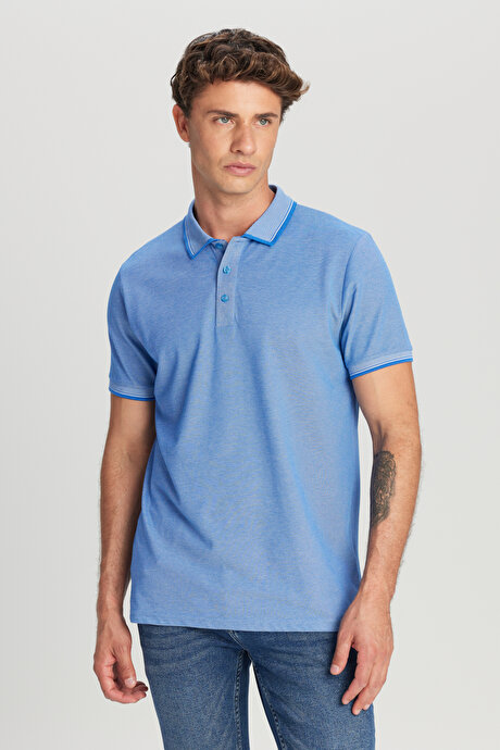 Slim Fit Dar Kesim Kıvrılmaz Polo Yaka Kısa Kollu Saks-Beyaz Tişört resmi