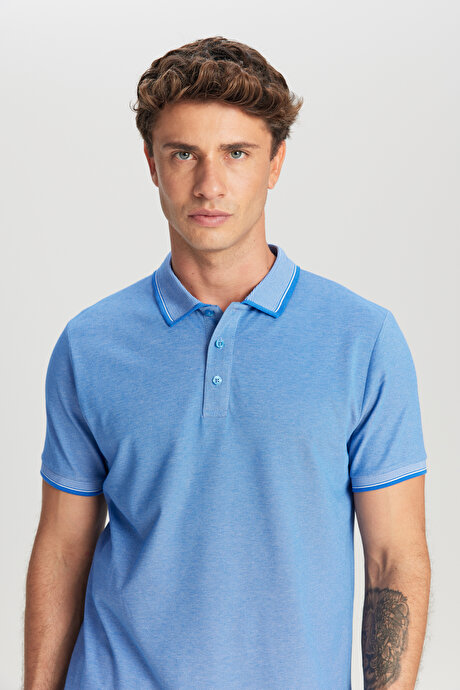 Slim Fit Dar Kesim Kıvrılmaz Polo Yaka Kısa Kollu Saks-Beyaz Tişört resmi