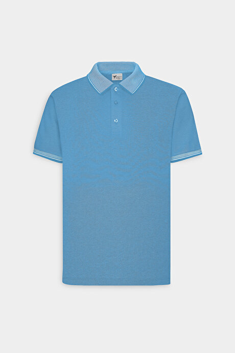 Slim Fit Dar Kesim Kıvrılmaz Polo Yaka Kısa Kollu Saks-Beyaz Tişört resmi