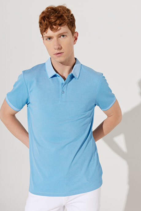 Slim Fit Dar Kesim Kıvrılmaz Polo Yaka Kısa Kollu Saks-Beyaz Tişört resmi