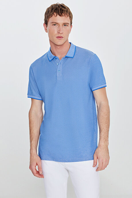 Slim Fit Dar Kesim Kıvrılmaz Polo Yaka Kısa Kollu Saks-Beyaz Tişört resmi