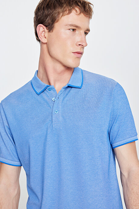 Slim Fit Dar Kesim Kıvrılmaz Polo Yaka Kısa Kollu Saks-Beyaz Tişört resmi