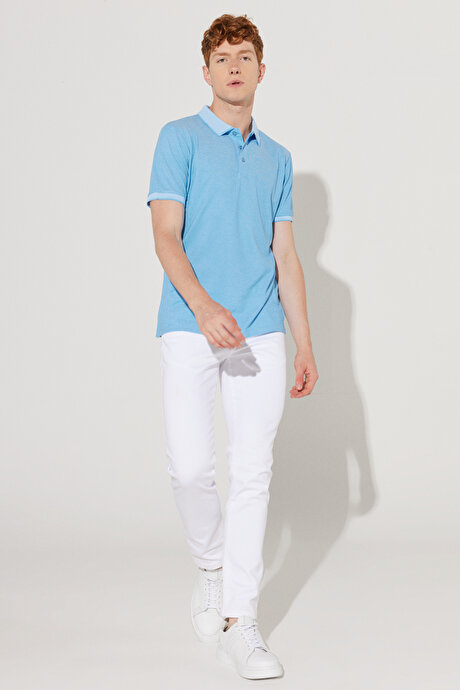 Slim Fit Dar Kesim Kıvrılmaz Polo Yaka Kısa Kollu Saks-Beyaz Tişört resmi
