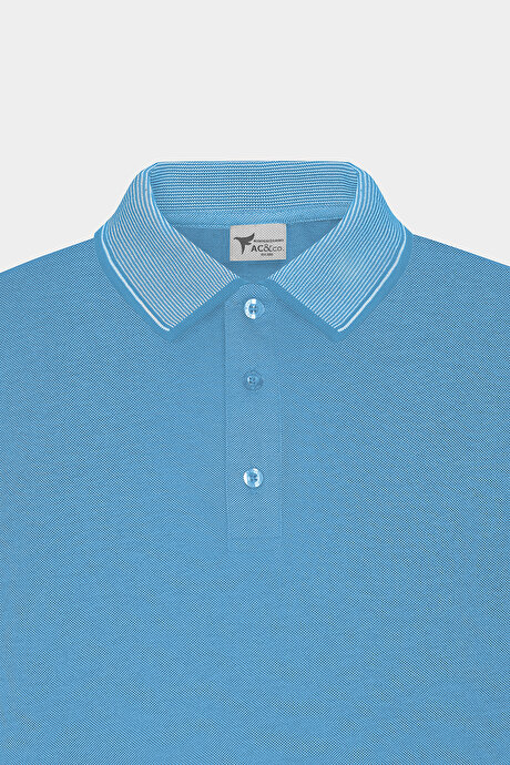 Slim Fit Dar Kesim Kıvrılmaz Polo Yaka Kısa Kollu Saks-Beyaz Tişört resmi