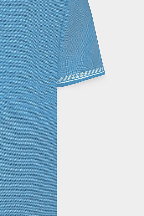 Slim Fit Dar Kesim Kıvrılmaz Polo Yaka Kısa Kollu Saks-Beyaz Tişört resmi