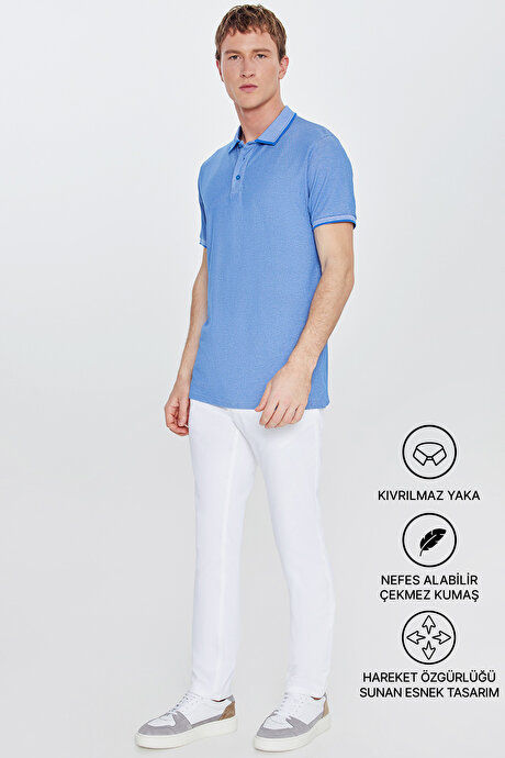Slim Fit Dar Kesim Kıvrılmaz Polo Yaka Kısa Kollu Saks-Beyaz Tişört resmi