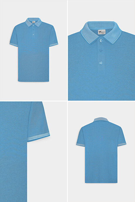 Slim Fit Dar Kesim Kıvrılmaz Polo Yaka Kısa Kollu Saks-Beyaz Tişört resmi