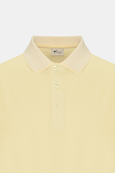 Slim Fit Dar Kesim Kıvrılmaz Polo Yaka Kısa Kollu Sarı-Beyaz Tişört resmi