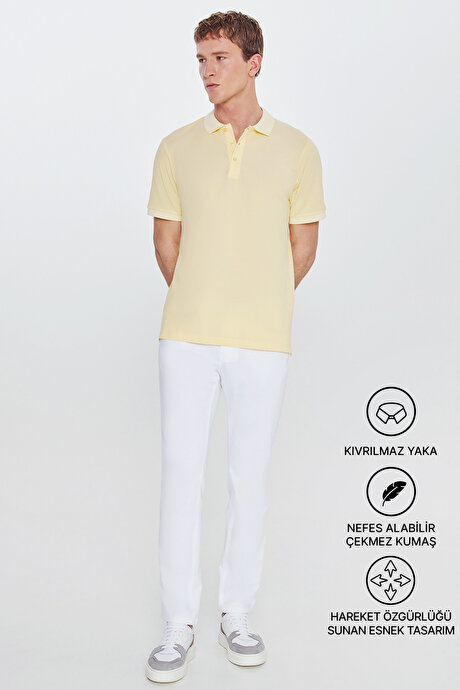 Slim Fit Dar Kesim Kıvrılmaz Polo Yaka Kısa Kollu Sarı-Beyaz Tişört resmi