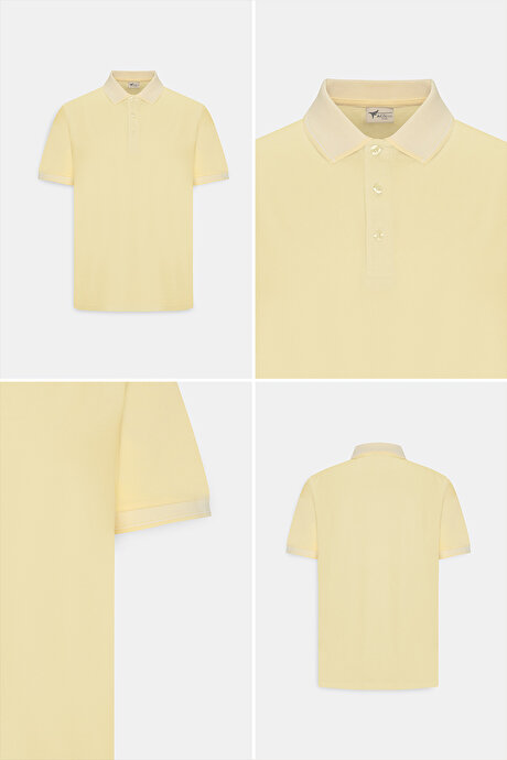 Slim Fit Dar Kesim Kıvrılmaz Polo Yaka Kısa Kollu Sarı-Beyaz Tişört resmi