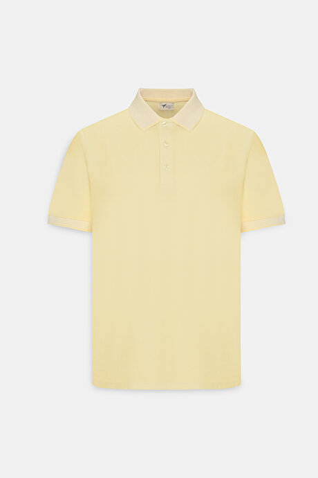 Slim Fit Dar Kesim Kıvrılmaz Polo Yaka Kısa Kollu Sarı-Beyaz Tişört resmi