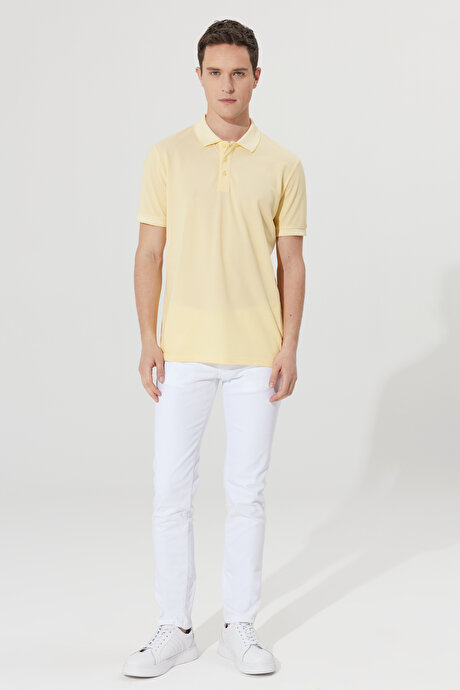 Düğmeli Polo Yaka Cepsiz Slim Fit Dar Kesim Düz Sarı-Beyaz Tişört resmi