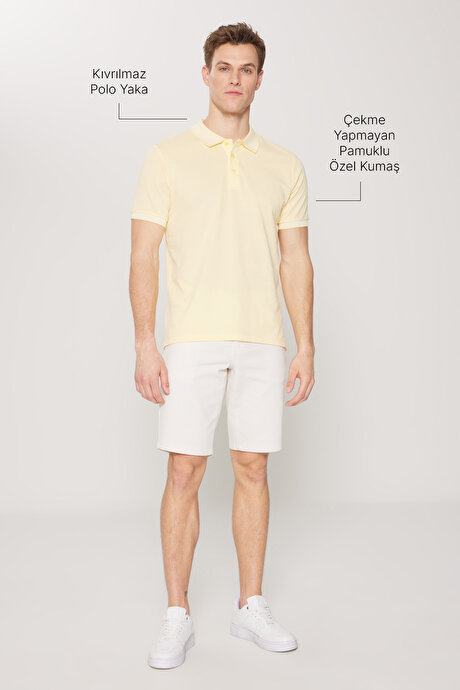 Slim Fit Dar Kesim Kıvrılmaz Polo Yaka Kısa Kollu Sarı-Beyaz Tişört resmi