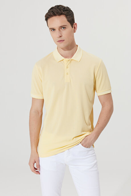 Slim Fit Dar Kesim Kıvrılmaz Polo Yaka Kısa Kollu Sarı-Beyaz Tişört resmi