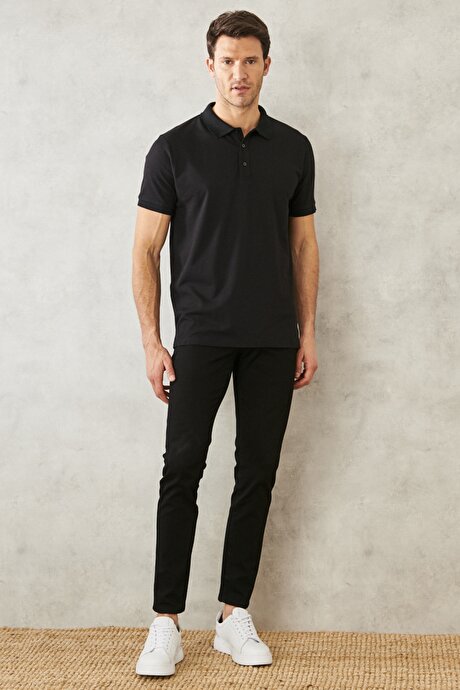 Düğmeli Polo Yaka Cepsiz Slim Fit Dar Kesim Düz Siyah-Siyah Tişört resmi