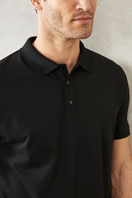 Düğmeli Polo Yaka Cepsiz Slim Fit Dar Kesim Düz Siyah-Siyah Tişört resmi