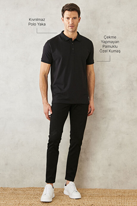 Slim Fit Dar Kesim Kıvrılmaz Polo Yaka Kısa Kollu Siyah-Siyah Tişört resmi
