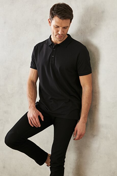 Slim Fit Dar Kesim Kıvrılmaz Polo Yaka Kısa Kollu Siyah-Siyah Tişört resmi