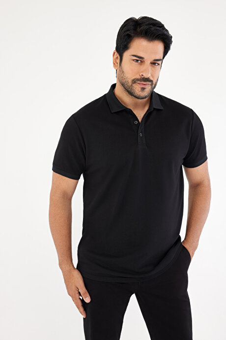 Slim Fit Dar Kesim Kıvrılmaz Polo Yaka Kısa Kollu Siyah-Siyah Tişört resmi