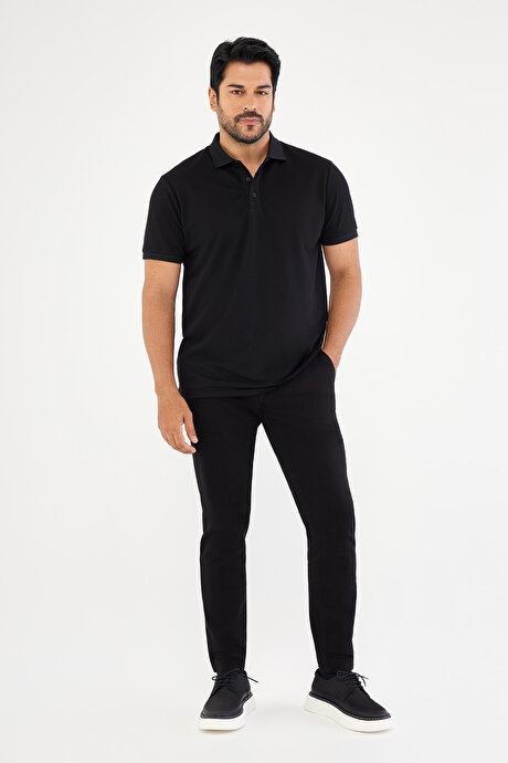 Slim Fit Dar Kesim Kıvrılmaz Polo Yaka Kısa Kollu Siyah-Siyah Tişört resmi