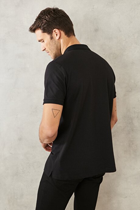 Slim Fit Dar Kesim Kıvrılmaz Polo Yaka Kısa Kollu Siyah-Siyah Tişört resmi