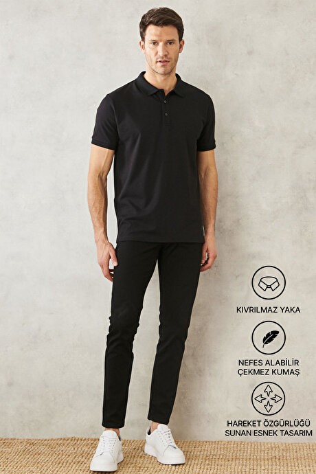 Slim Fit Dar Kesim Kıvrılmaz Polo Yaka Kısa Kollu Siyah-Siyah Tişört resmi