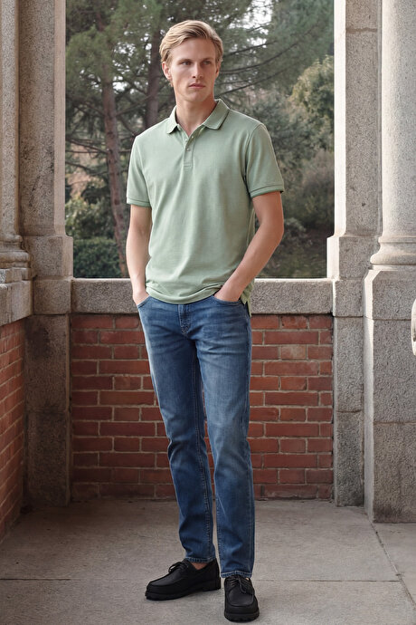 Slim Fit Dar Kesim Kıvrılmaz Polo Yaka Kısa Kollu Yeşil Tişört resmi