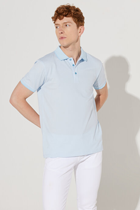 Düğmeli Polo Yaka Cepsiz Slim Fit Dar Kesim Düz Açık Mavi Tişört resmi