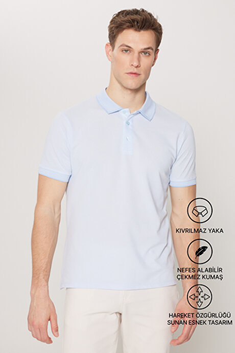 Slim Fit Dar Kesim Kıvrılmaz Polo Yaka Kısa Kollu Açık Mavi Tişört resmi
