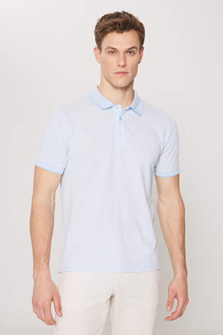 Slim Fit Dar Kesim Kıvrılmaz Polo Yaka Kısa Kollu Açık Mavi Tişört resmi