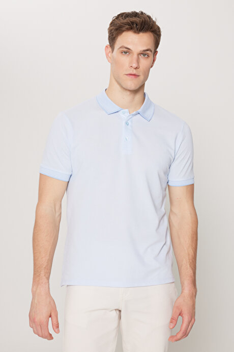 Slim Fit Dar Kesim Kıvrılmaz Polo Yaka Kısa Kollu Açık Mavi Tişört resmi