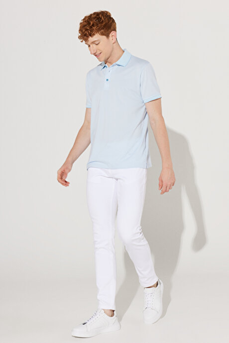 Düğmeli Polo Yaka Cepsiz Slim Fit Dar Kesim Düz Açık Mavi Tişört resmi