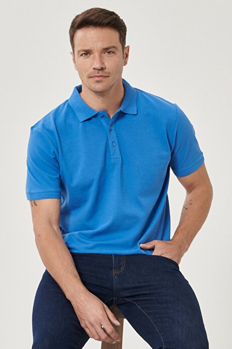 Slim Fit Dar Kesim Polo Yaka %100 Pamuk Royal Mavi Tişört resmi