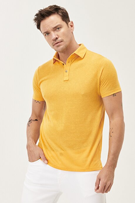 Slim Fit Dar Kesim Polo Yaka %100 Pamuk Koyu Sarı Tişört resmi