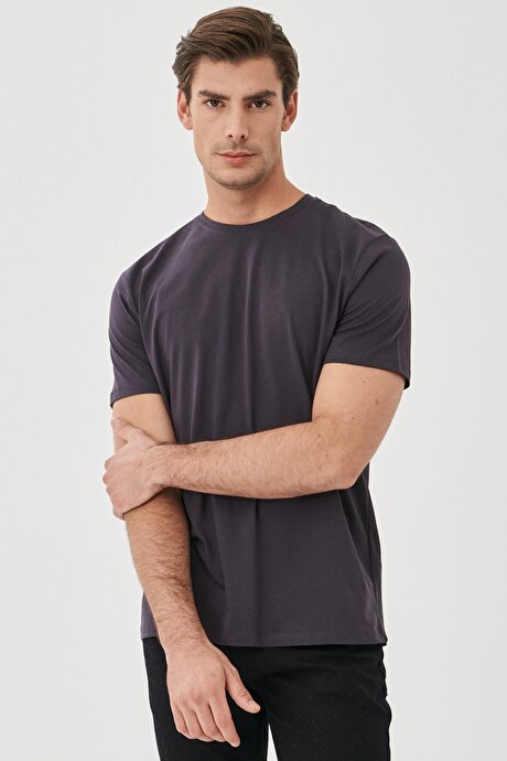 Slim Fit Dar Kesim %100 Pamuk Bisiklet Yaka Desensiz Antrasit Tişört resmi