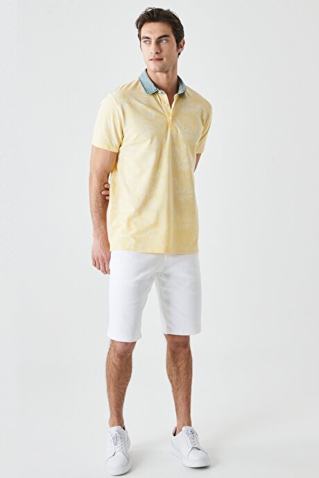 Slim Fit Dar Kesim Polo Yaka %100 Pamuk Sarı-Beyaz Tişört resmi
