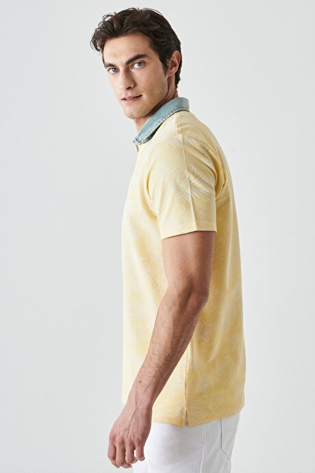 Slim Fit Dar Kesim Polo Yaka %100 Pamuk Sarı-Beyaz Tişört resmi