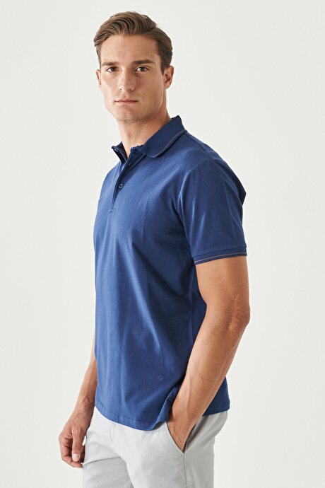 Slim Fit Dar Kesim Polo Yaka Pamuklu Koyu Mavi Tişört resmi