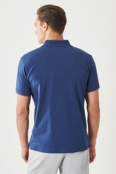 Slim Fit Dar Kesim Polo Yaka Pamuklu Koyu Mavi Tişört resmi