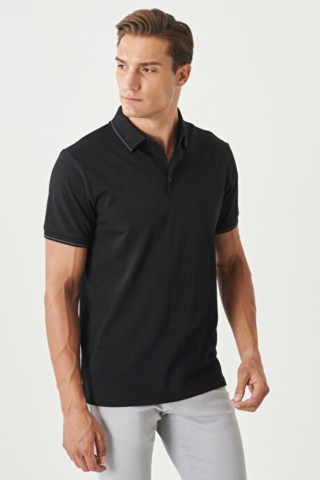 Slim Fit Dar Kesim Polo Yaka Pamuklu Siyah Tişört resmi