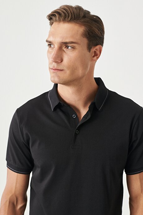Slim Fit Dar Kesim Polo Yaka Pamuklu Siyah Tişört resmi