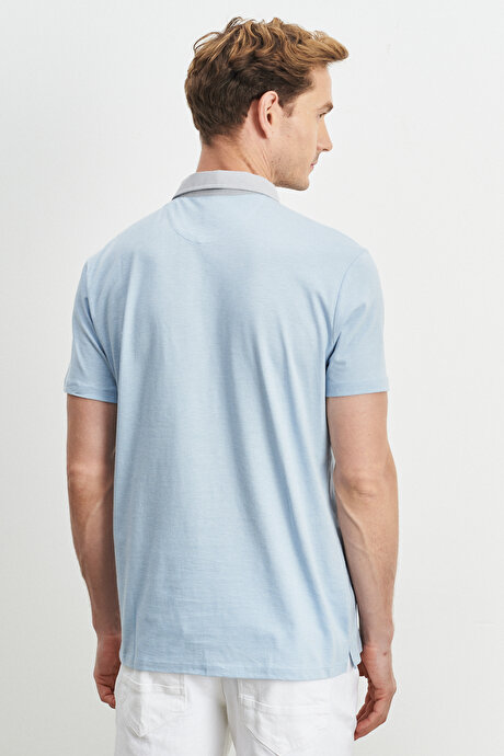 Slim Fit Dar Kesim Polo Yaka Pamuklu Mavi-Beyaz Tişört resmi