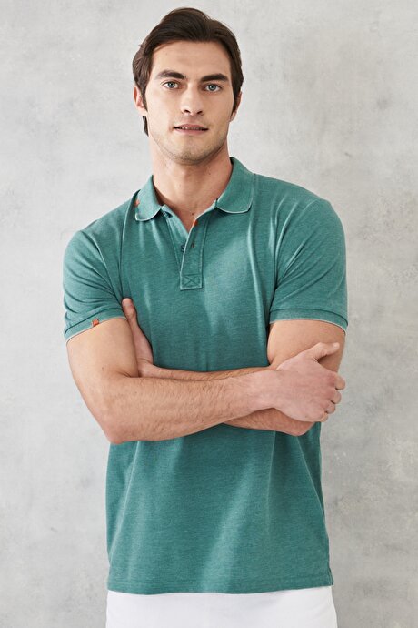 Slim Fit Dar Kesim Polo Yaka Pamuklu Yeşil Tişört resmi