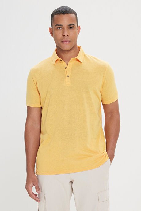 Slim Fit Dar Kesim Polo Yaka Casual Koyu Sarı Tişört resmi