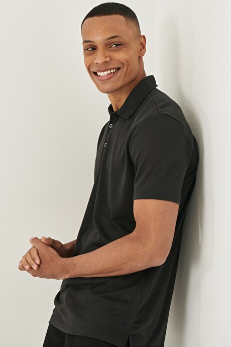 Slim Fit Dar Kesim Polo Yaka Casual Siyah Tişört resmi