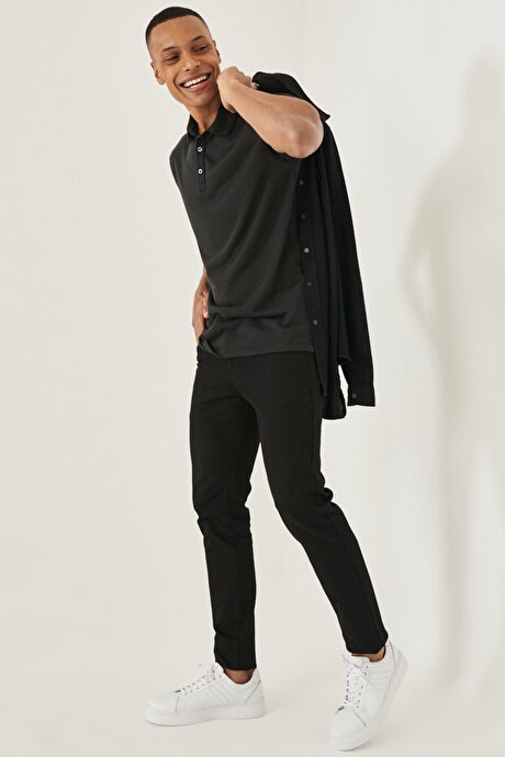 Slim Fit Dar Kesim Polo Yaka Casual Siyah Tişört resmi